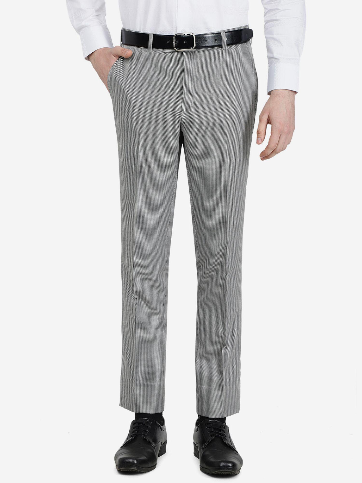 men's checked grey terry rayon slim fit formal trouser