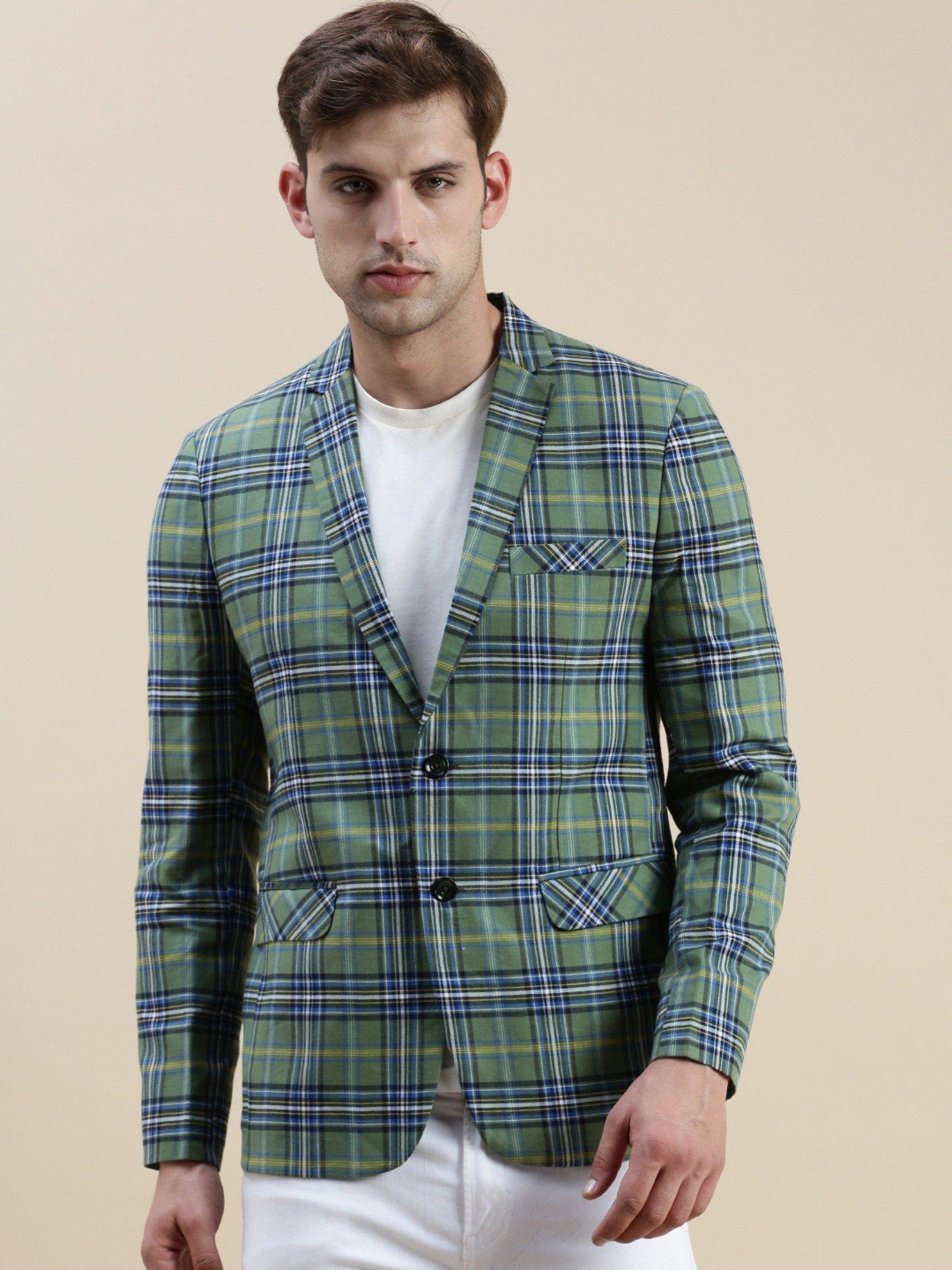 men's checked slim fit notched lapel green single-breasted blazer