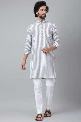 men's cotton blend stripes full sleeves long kurta - grey