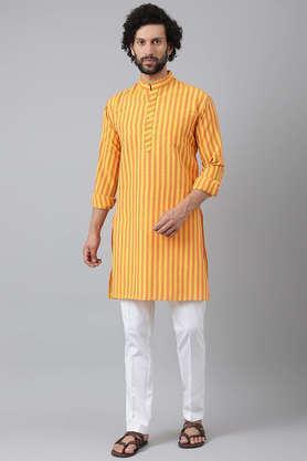 men's cotton blend stripes full sleeves long kurta - yellow
