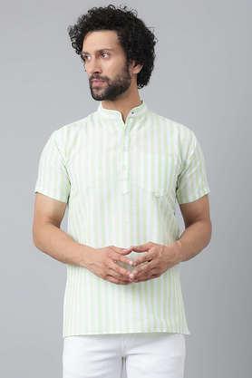men's cotton blend stripes half sleeves short kurta - green