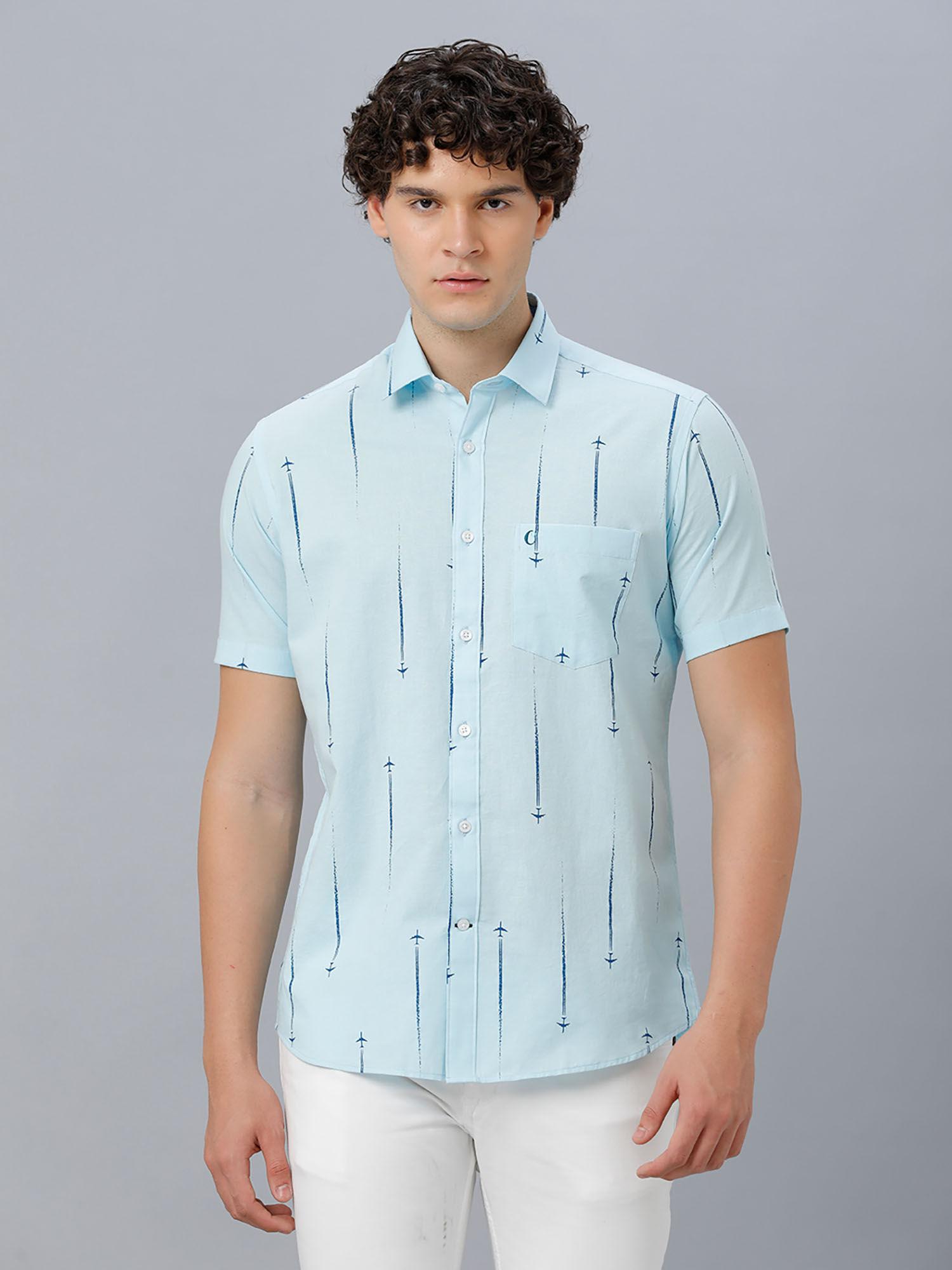 men's cotton linen blue printed slim fit half sleeve casual shirt