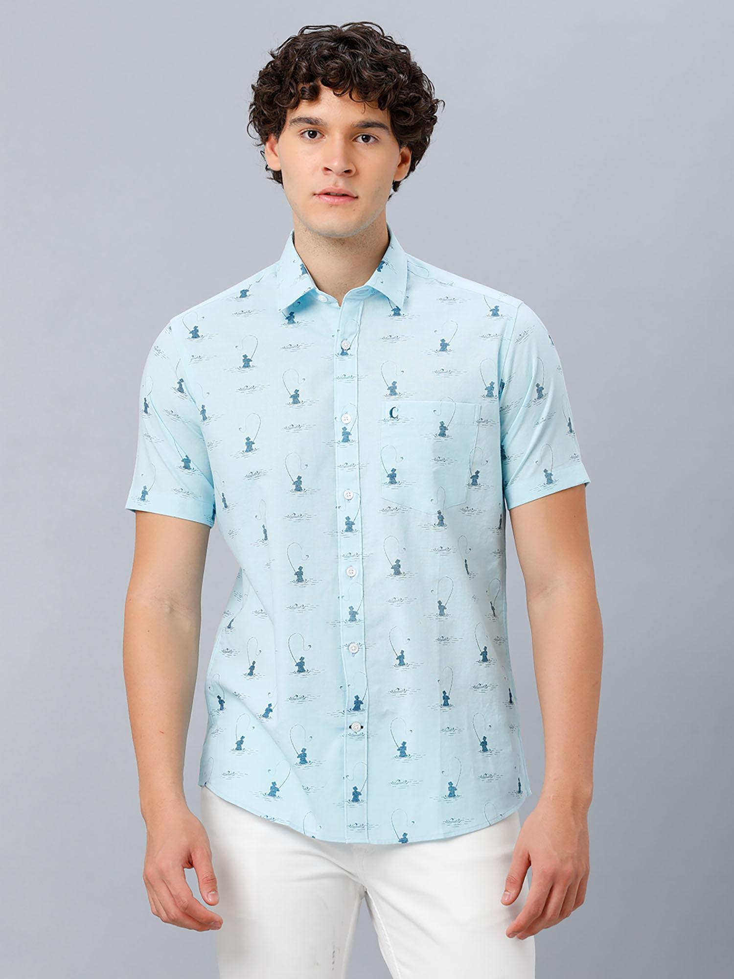 men's cotton linen blue printed slim fit half sleeve casual shirt