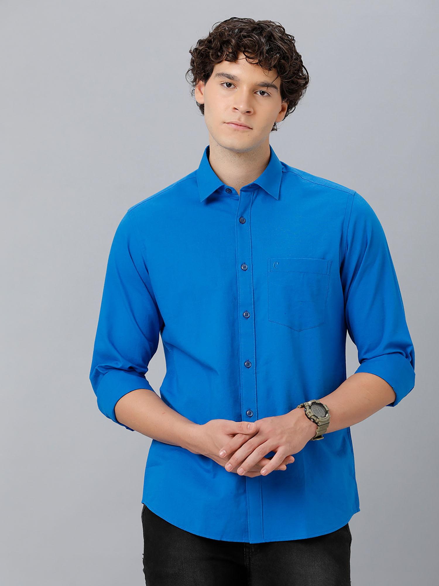 men's cotton linen blue solid slim fit full sleeve casual shirt