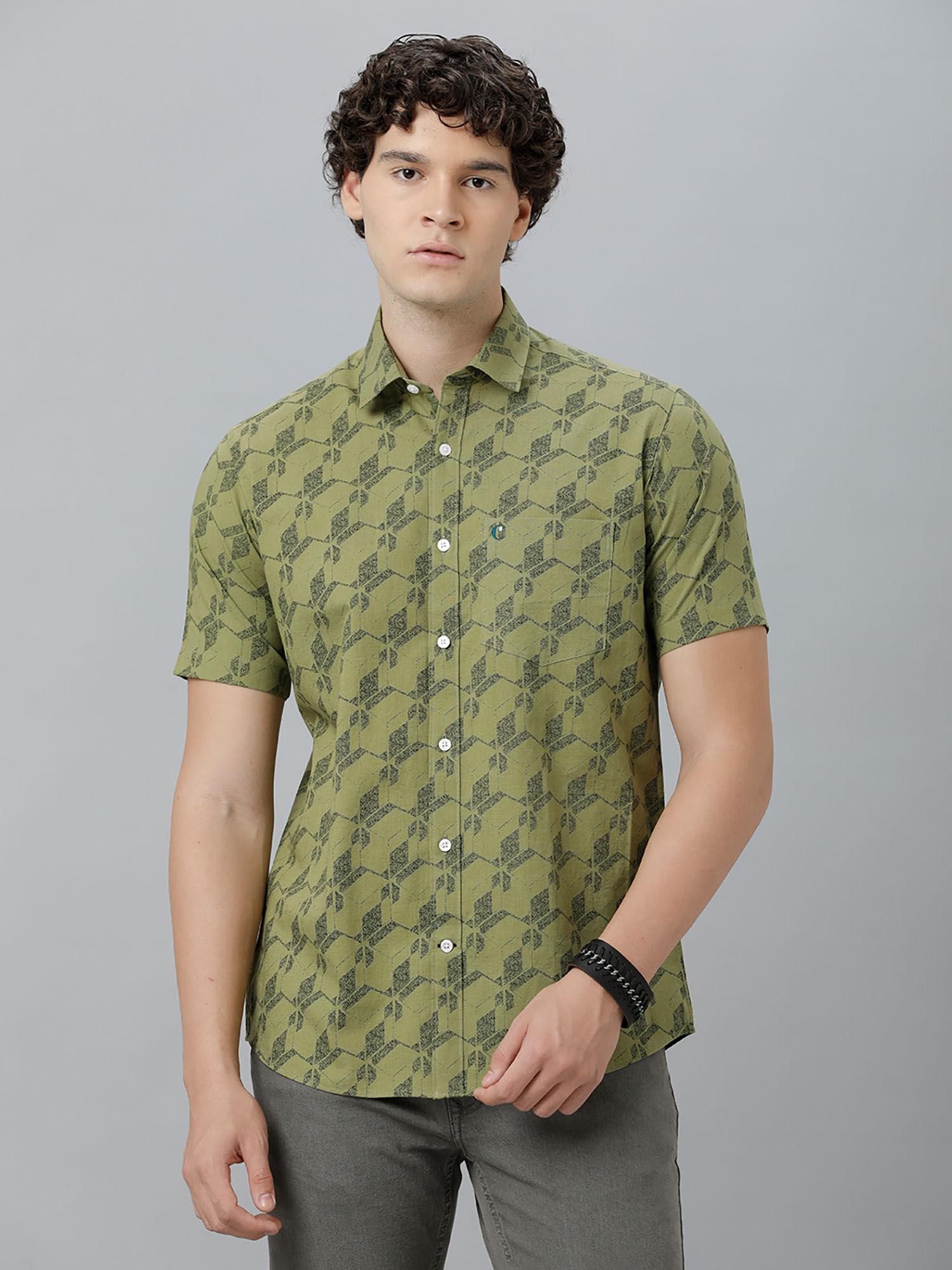 men's cotton linen green printed slim fit half sleeve casual shirt