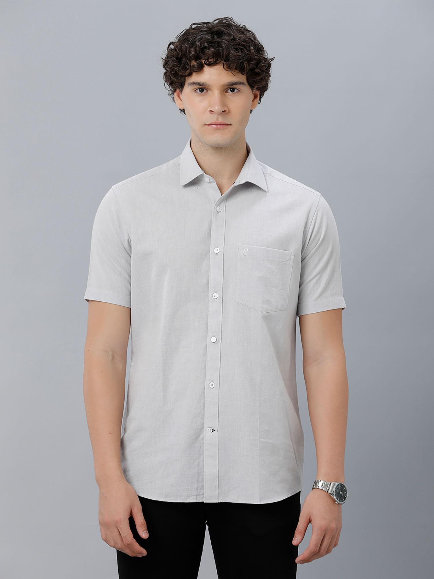 men's cotton linen grey chambray slim fit half sleeve casual shirt