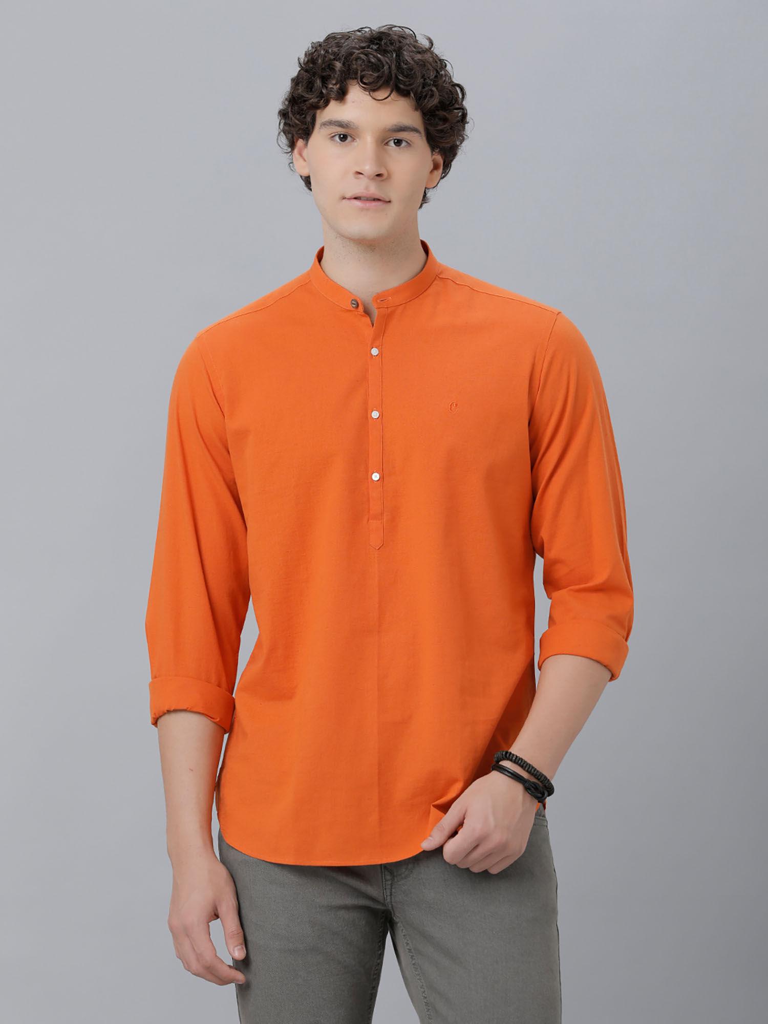men's cotton linen orange solid slim fit full sleeve casual shirt