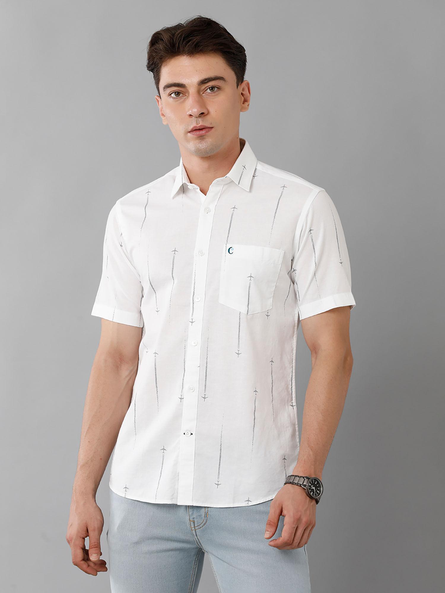 men's cotton linen white printed slim fit half sleeve casual shirt