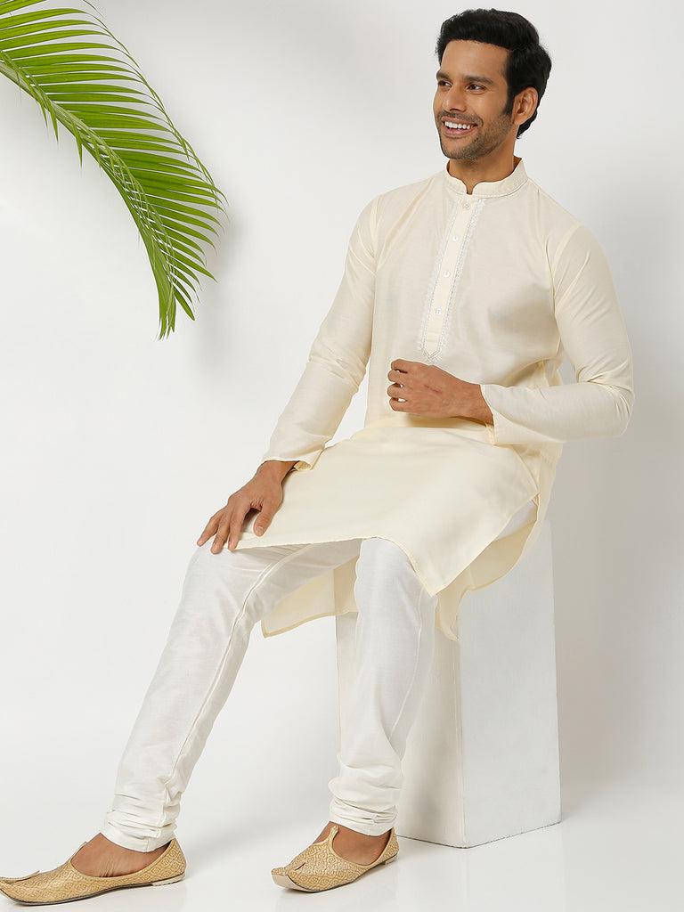 men's cream polyester cotton embellished kurta churidar sets