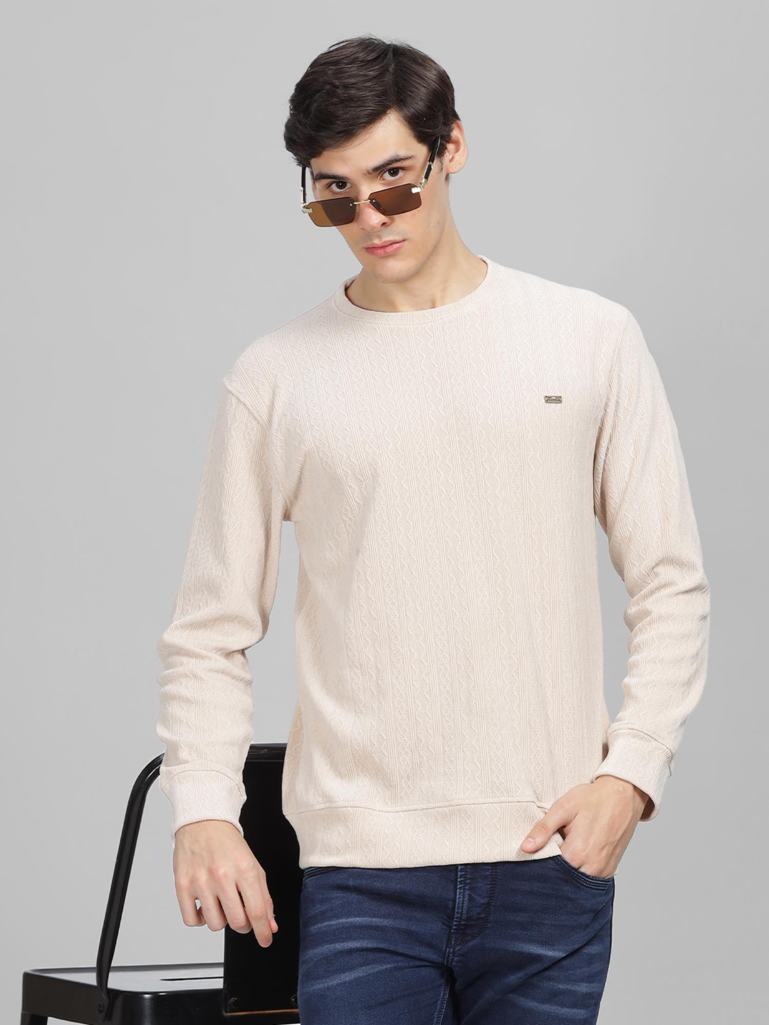 men's cream printed round neck sweatshirt