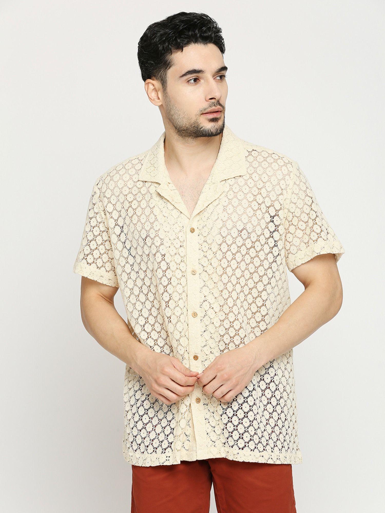 men's crochet lace textured oversized fit half sleeves cuban collar shirt