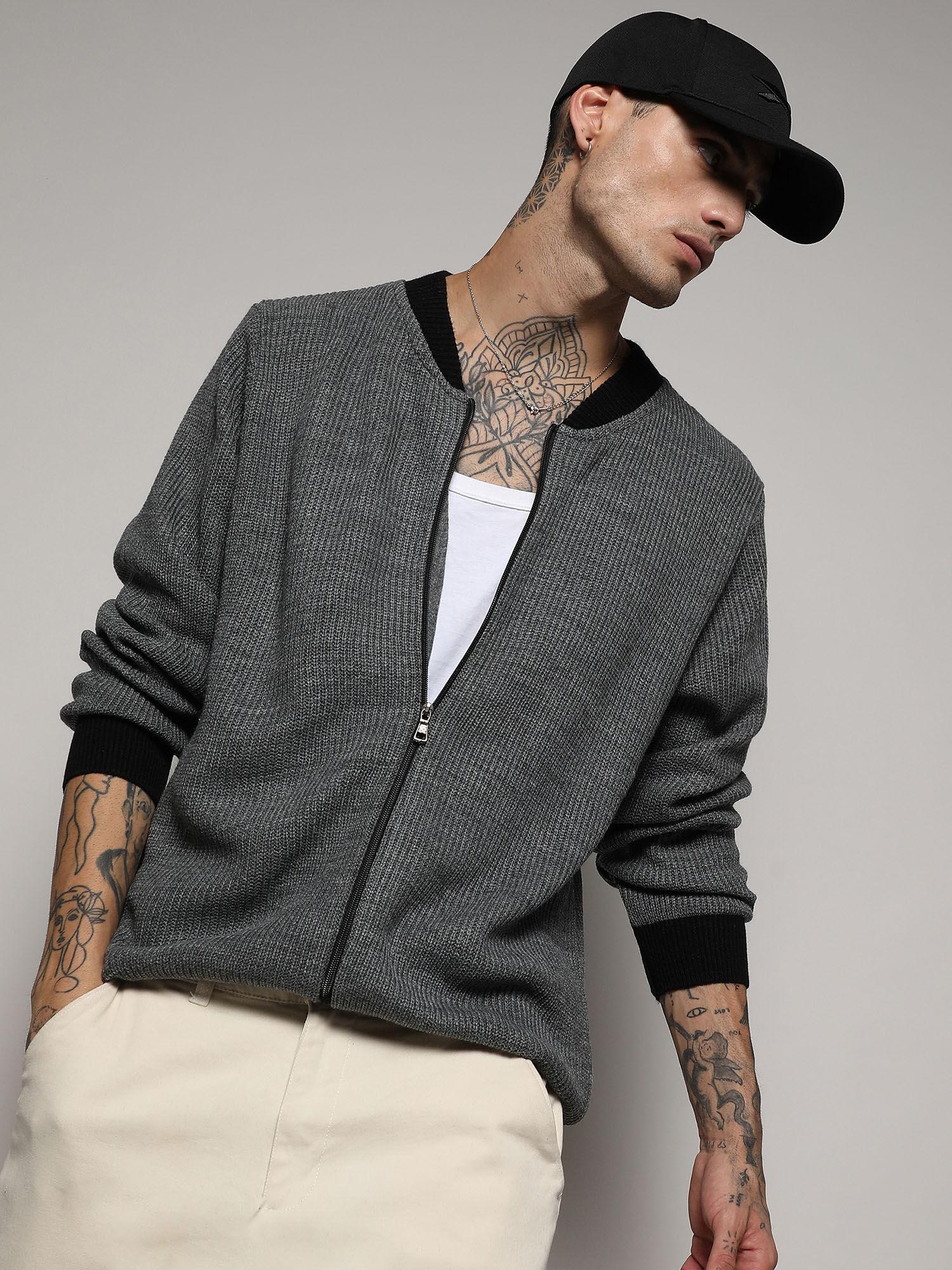 men's dark grey zip-front sweater with contrast hem