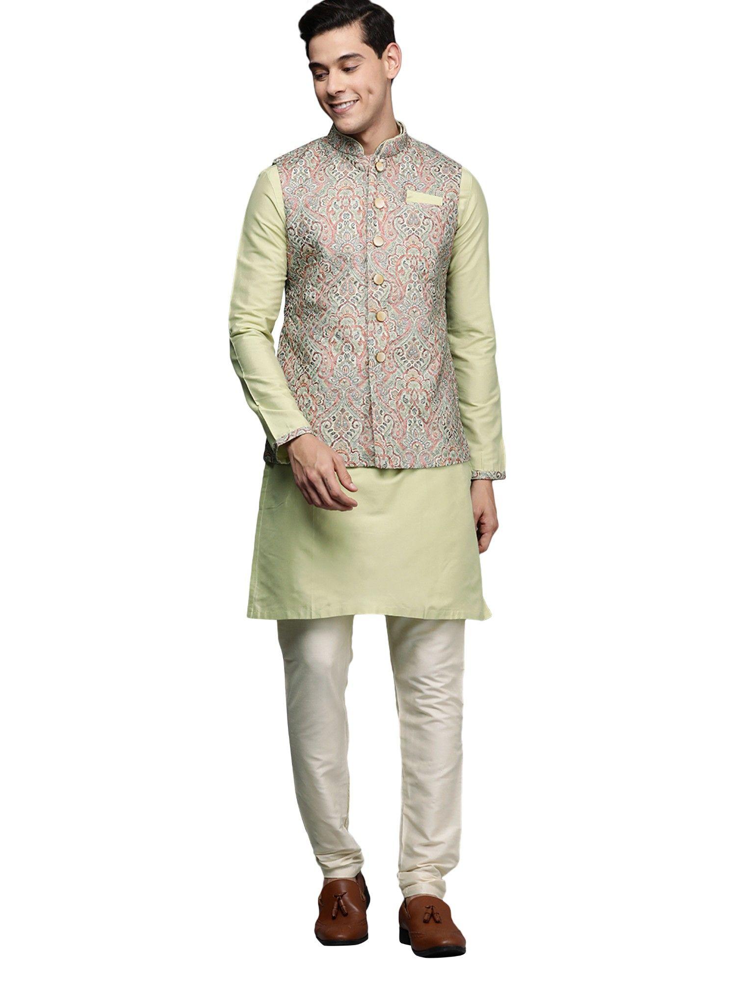 men's green art silk festive wear kurta and pencil pyjama with nehru jacket (set of 3)