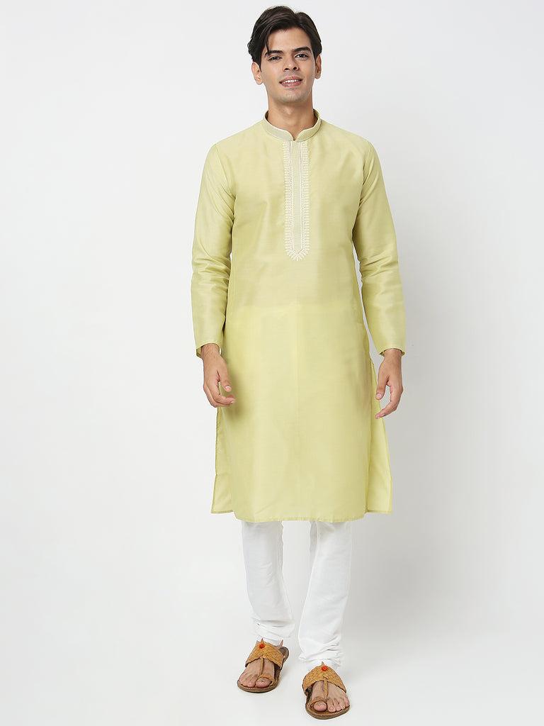 men's green polyester cotton embroidered kurta pyjama set