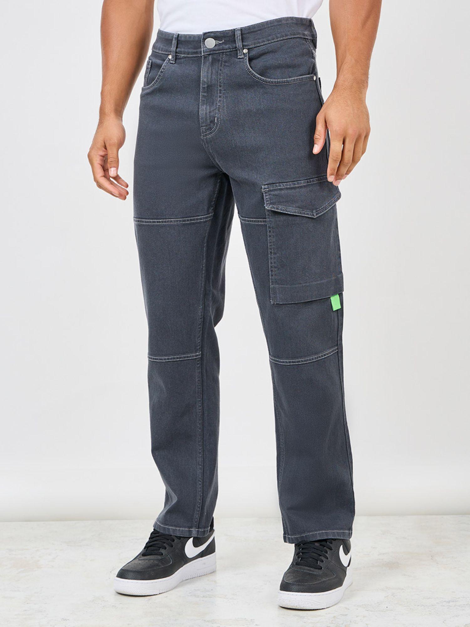 men's grey wash cargo relaxed fit cotton jean