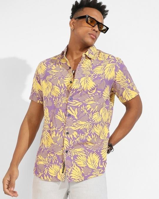 men's lavender & yellow all over printed shirt