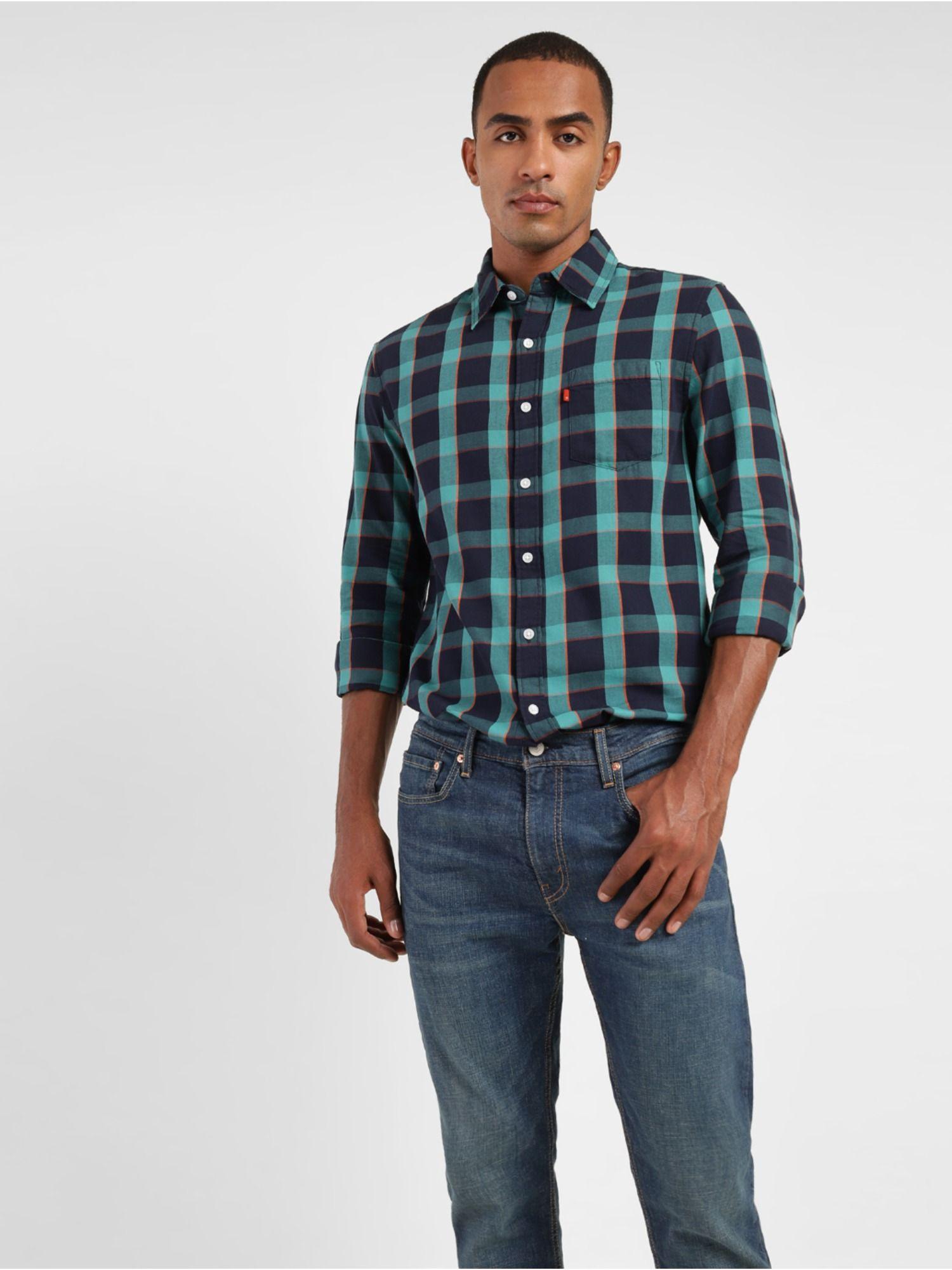 men's navy blue checkered spread collar shirt