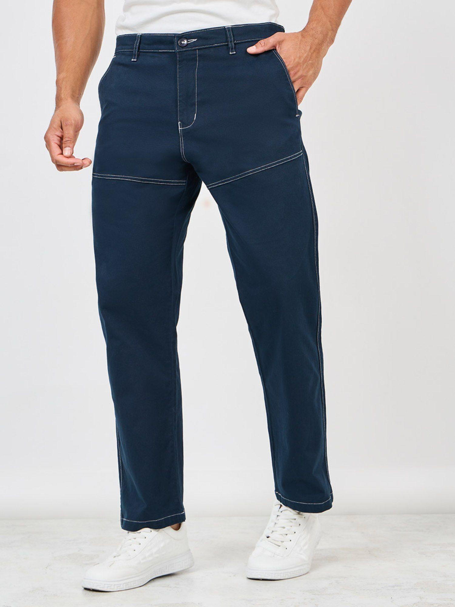 men's navy blue contrast stitch relaxed fit cotton chinos