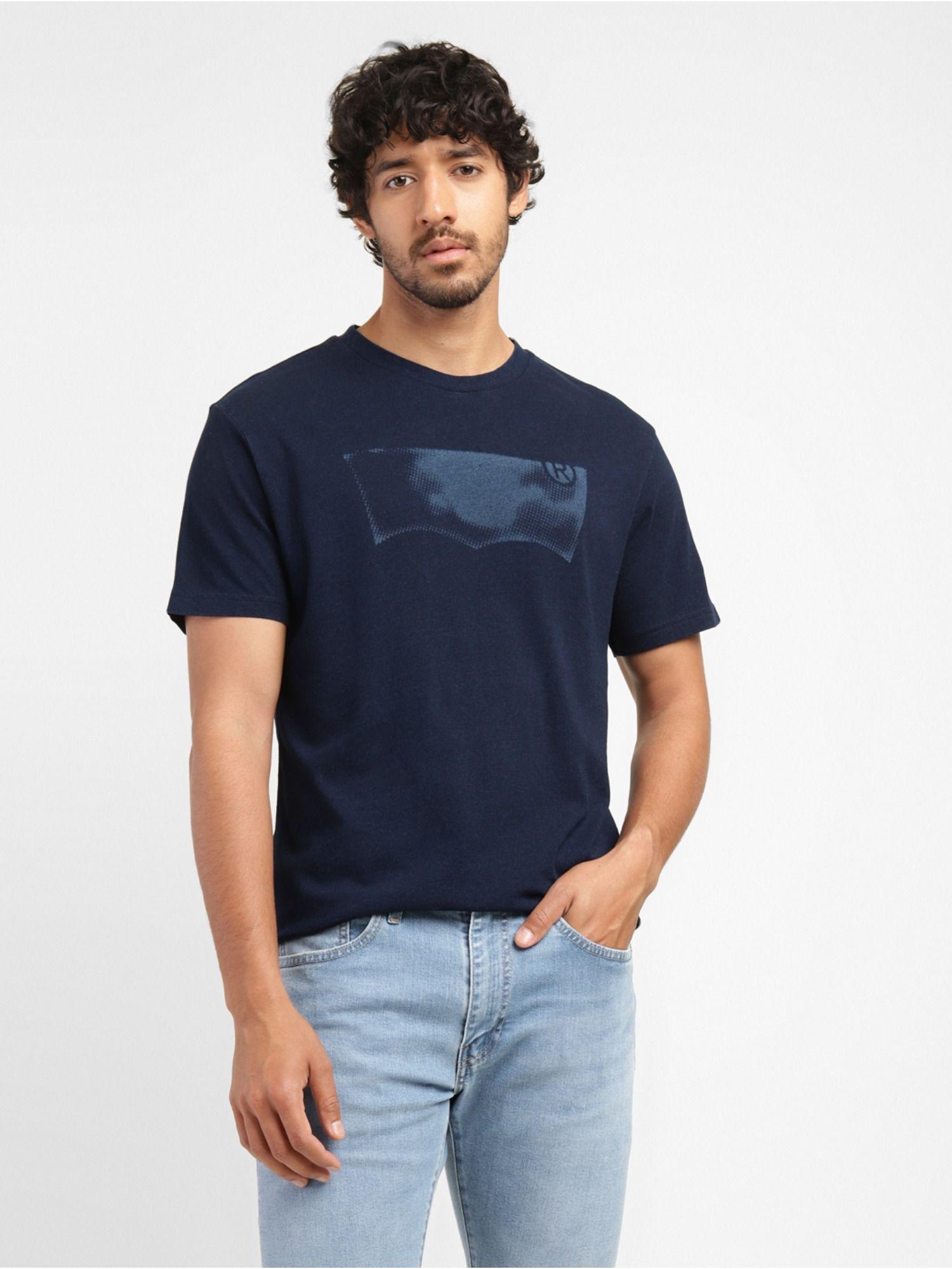 men's navy blue graphic printed crew neck t-shirt