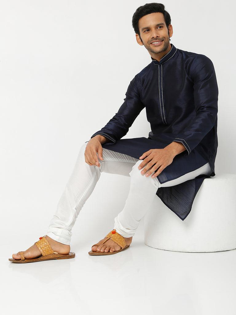 men's navy blue polyester cotton solid kurta churidar sets