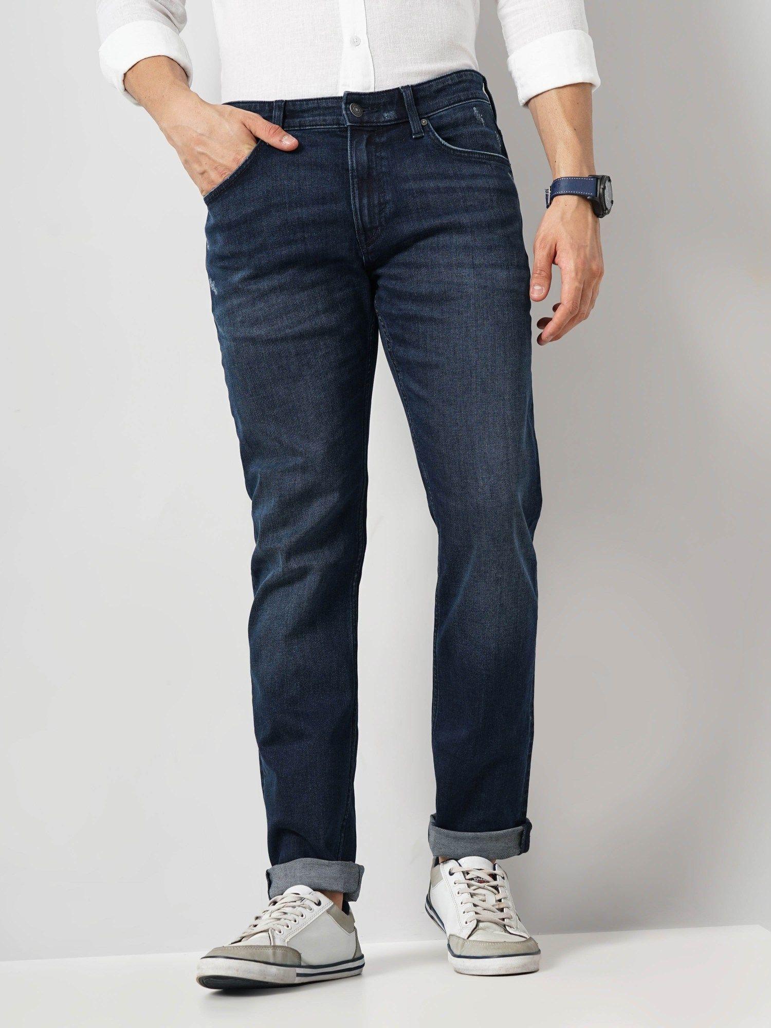 men's navy blue solid jeans