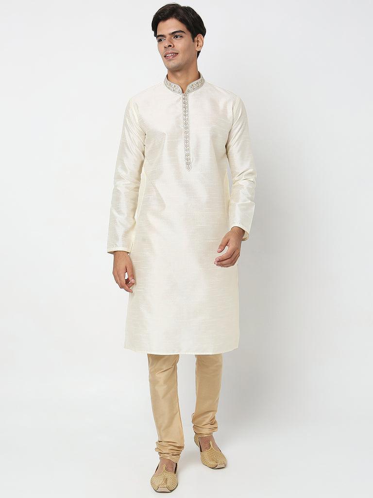 men's off white polyester cotton embroidered kurta pyjama set