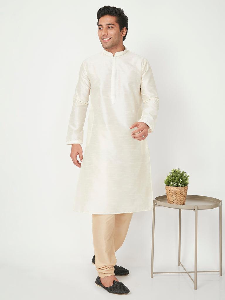 men's off white polyester cotton solid kurta churidar sets