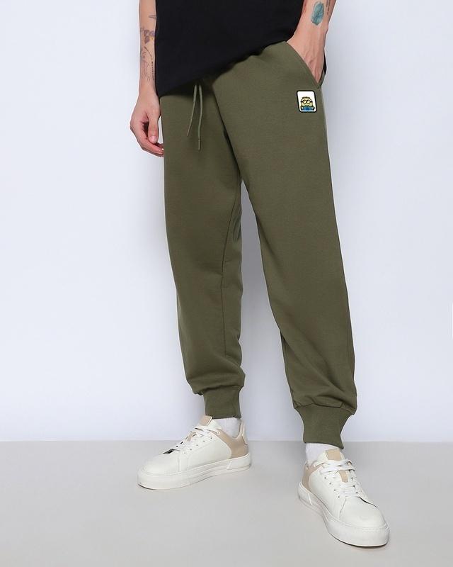men's olive green minion badge printed oversized joggers