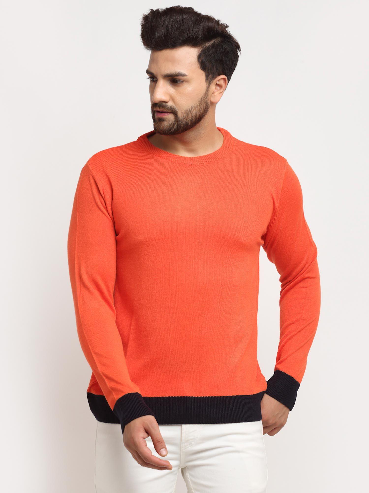 men's orange full sleeve colour blocked round neck sweater