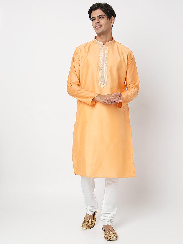 men's orange polyester cotton embroidered kurta pyjama set