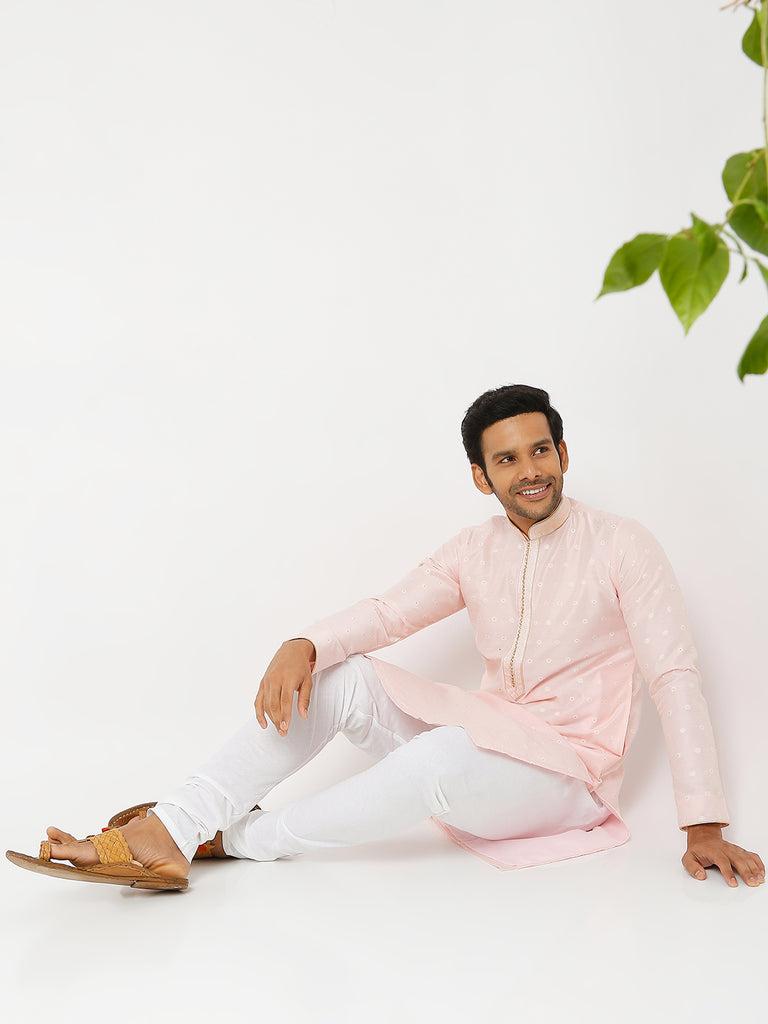 men's pink polyester cotton printed kurta churidar sets