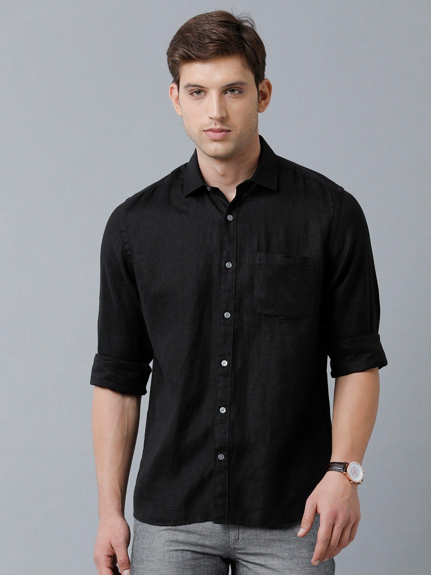 men's pure linen black solid regular fit full sleeve casual shirt