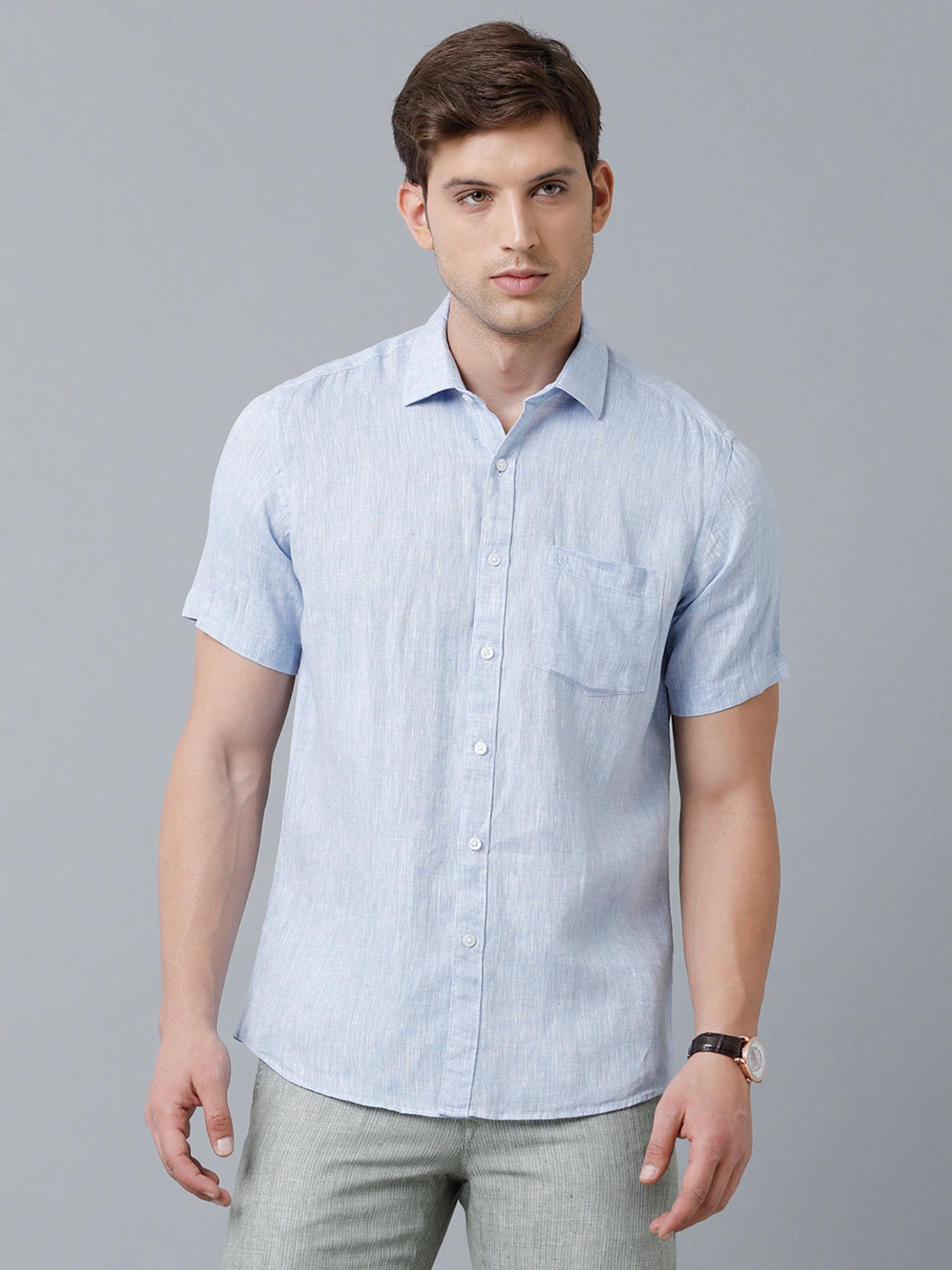 men's pure linen blue chambray regular fit half sleeve casual shirt