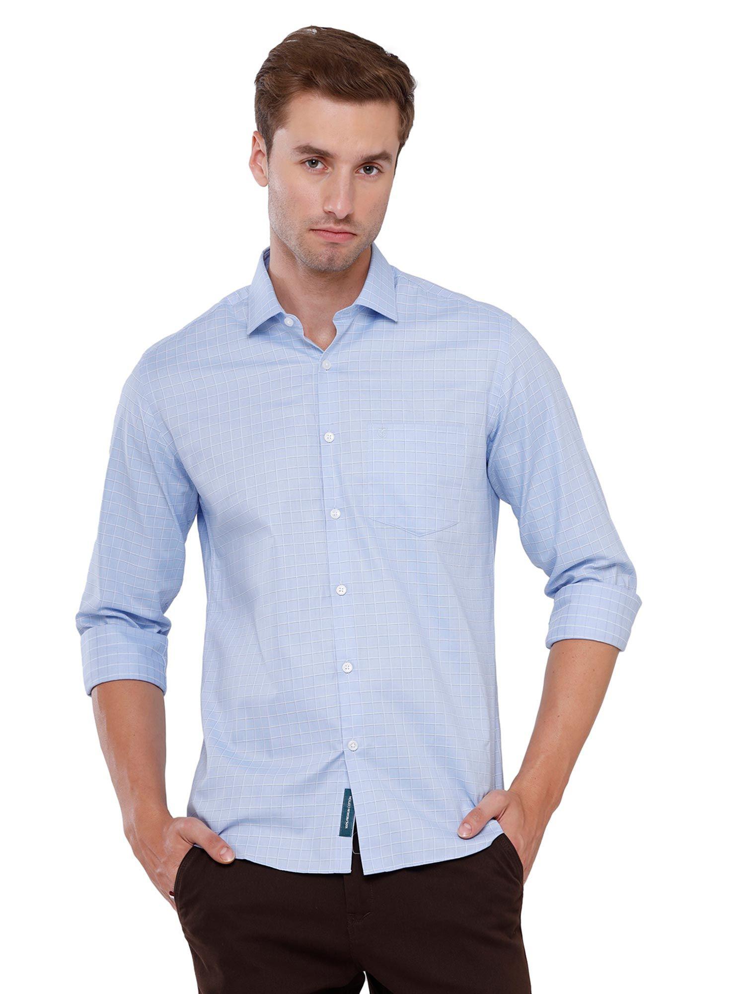 men's pure linen blue checks regular fit full sleeve casual shirt