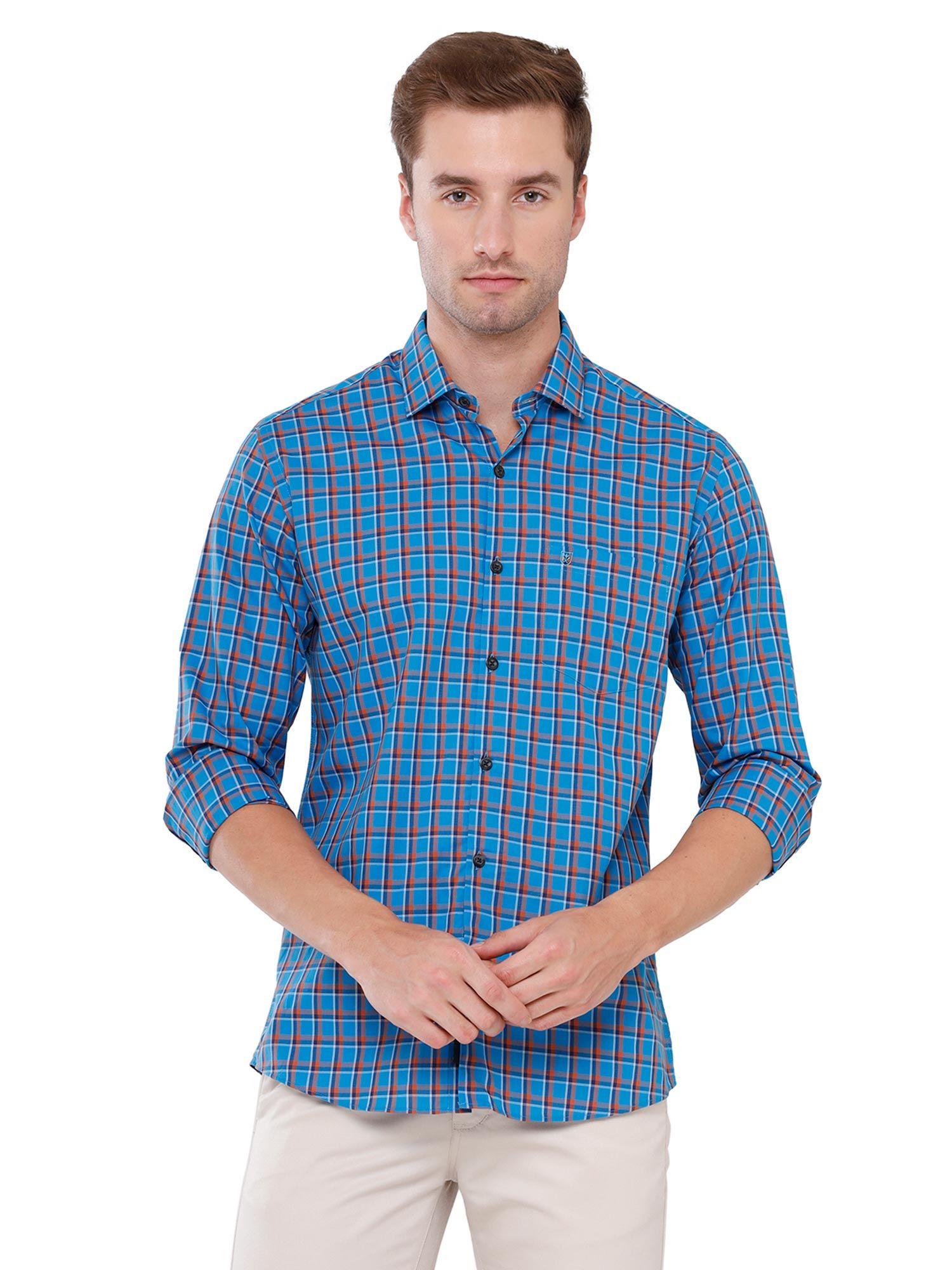 men's pure linen blue checks regular fit full sleeve casual shirt