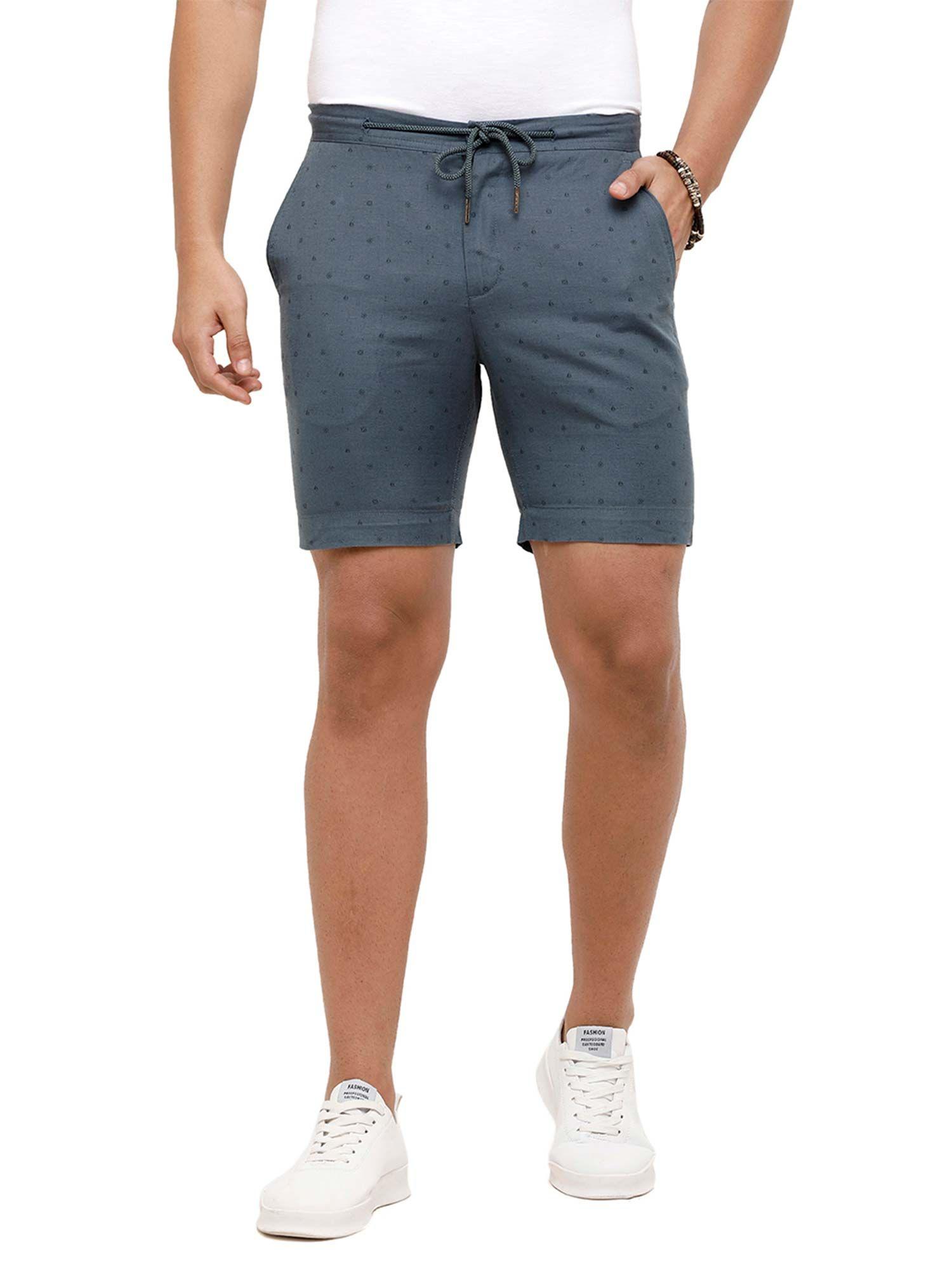men's pure linen blue printed slim fit casual shorts