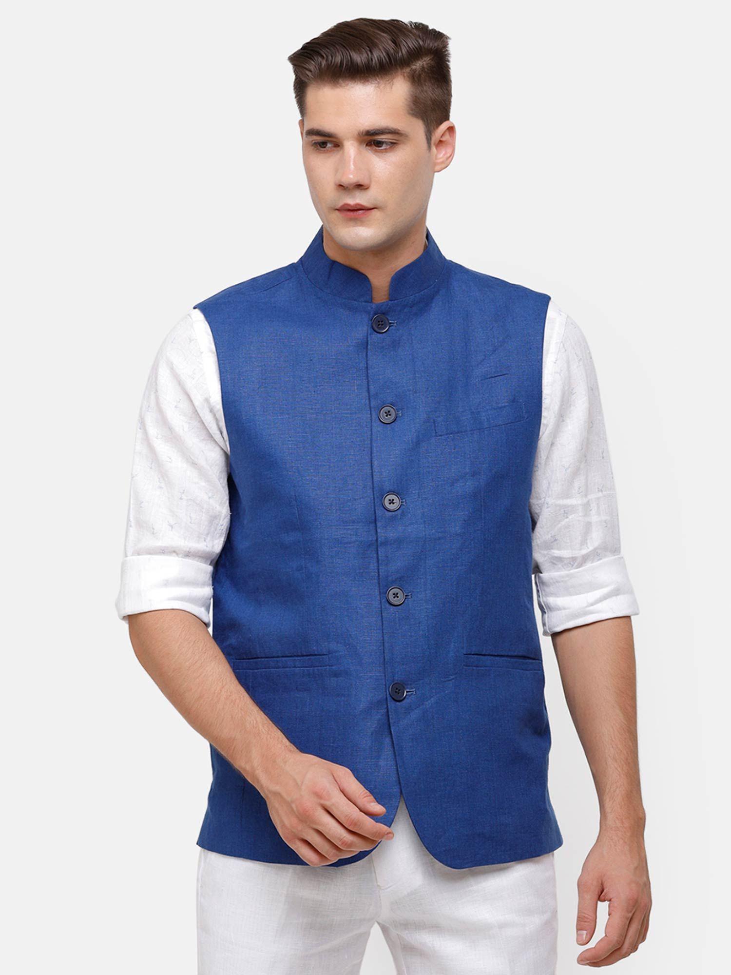 men's-pure-linen-blue-solid-nehru-jacket