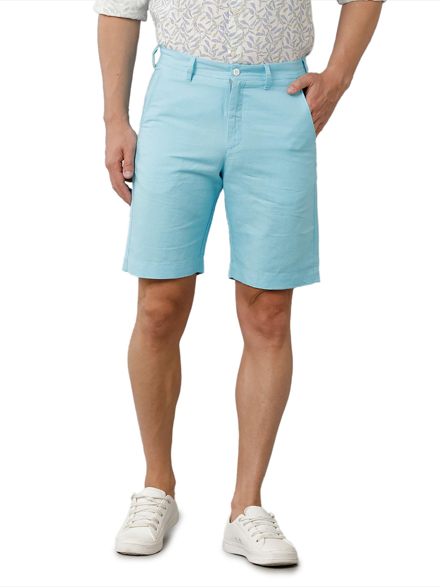 men's pure linen blue solid slim fit casual shorts