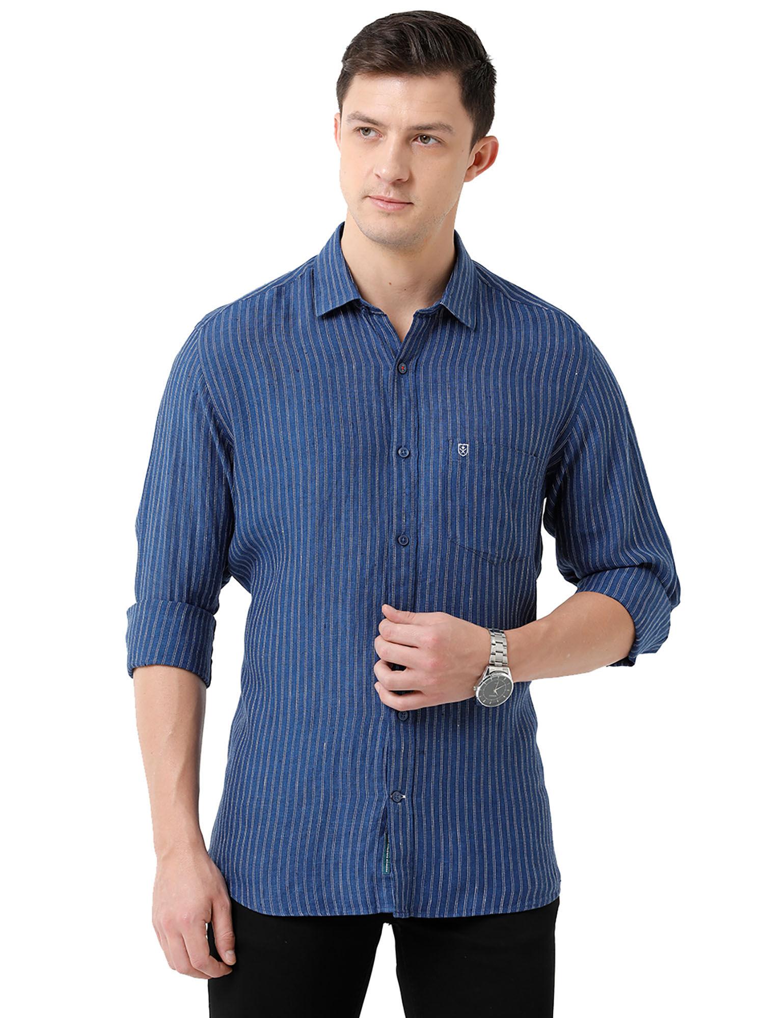 men's pure linen blue striped regular fit full sleeve casual shirt