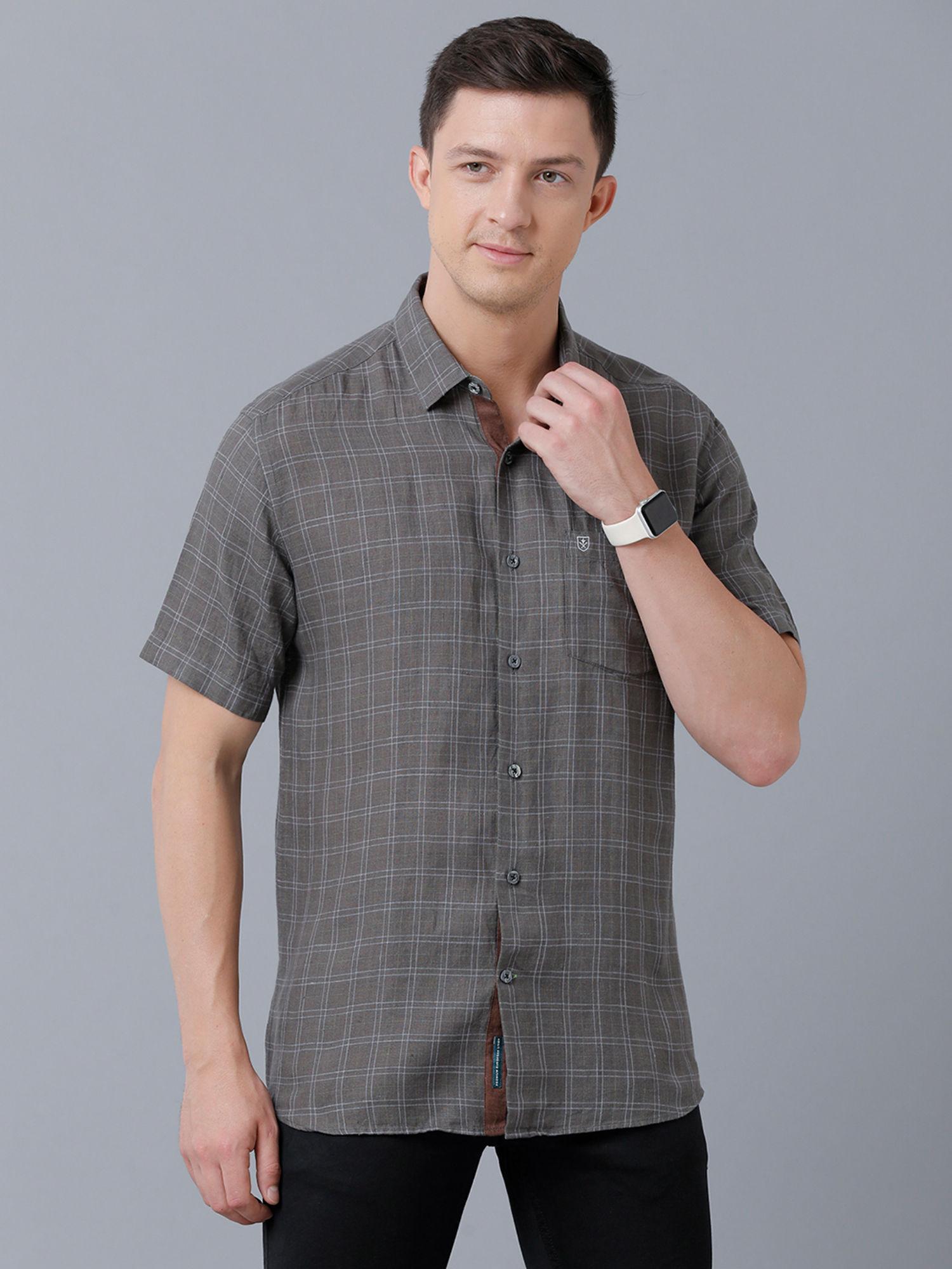 men's pure linen grey checks regular fit half sleeve casual shirt