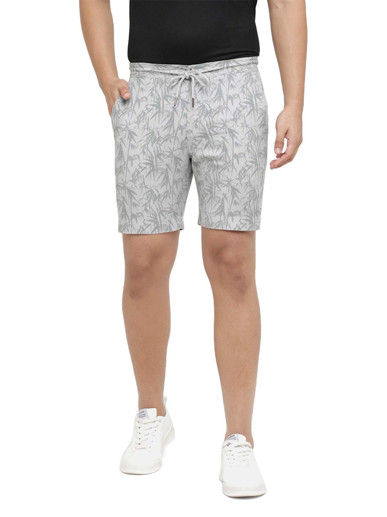men's pure linen grey printed slim fit casual shorts