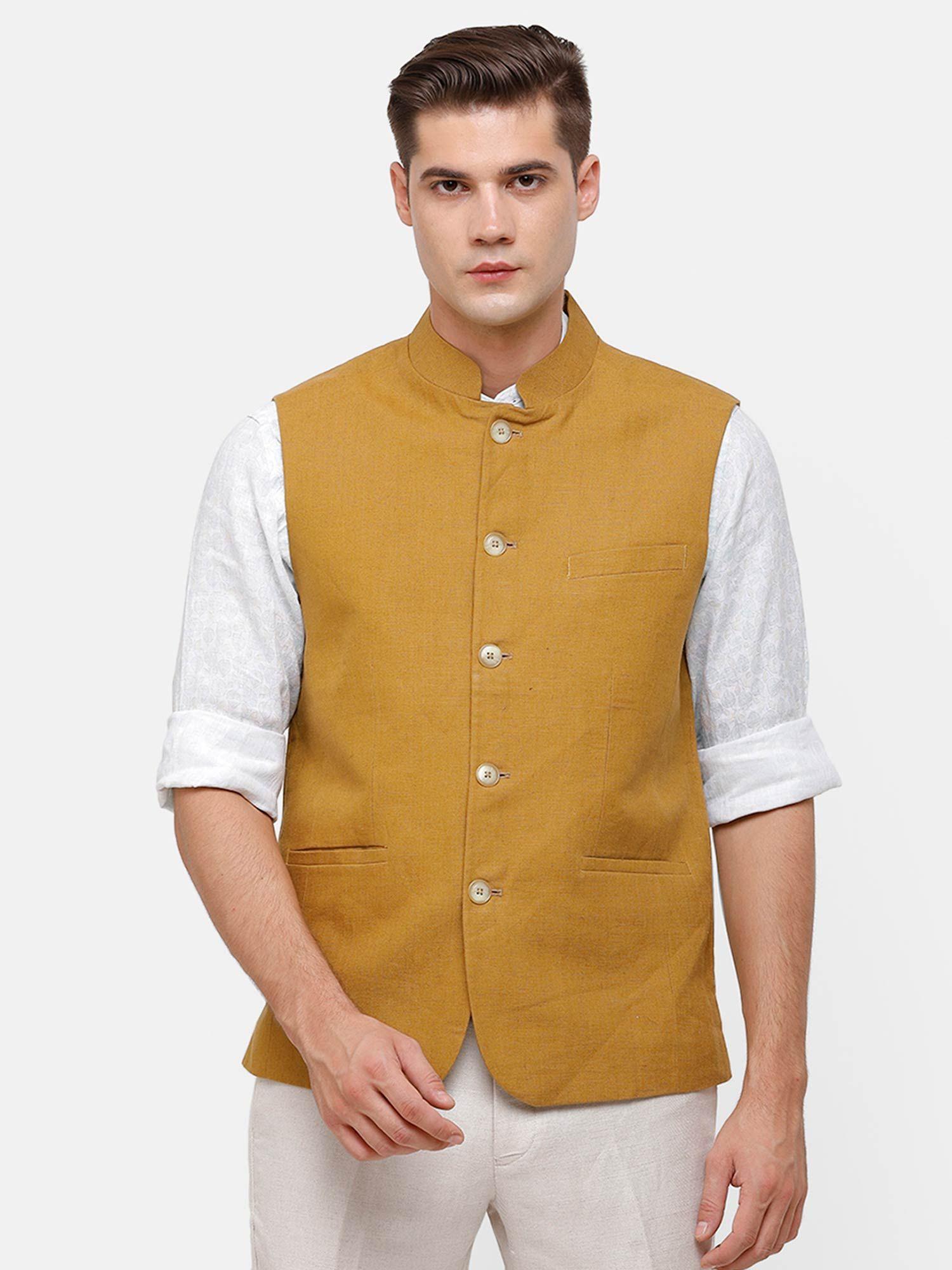 men's pure linen mustard solid nehru jacket