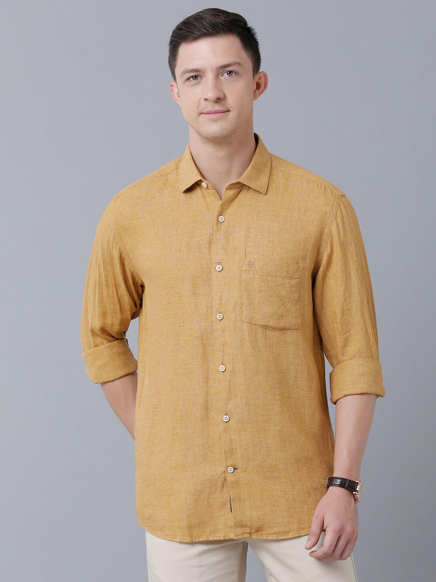 men's pure linen natural / brown chambray regular fit full sleeve casual shirt