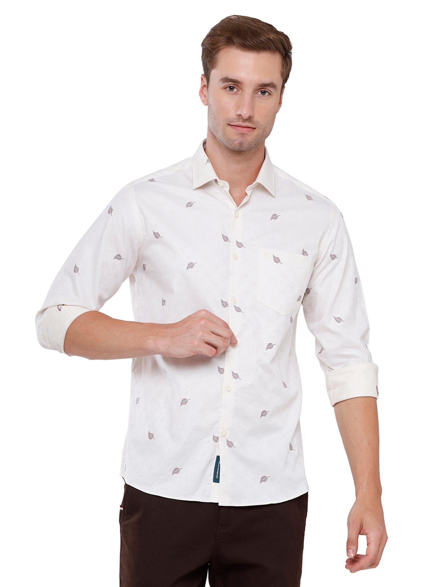 men's pure linen natural / brown printed regular fit full sleeve casual shirt