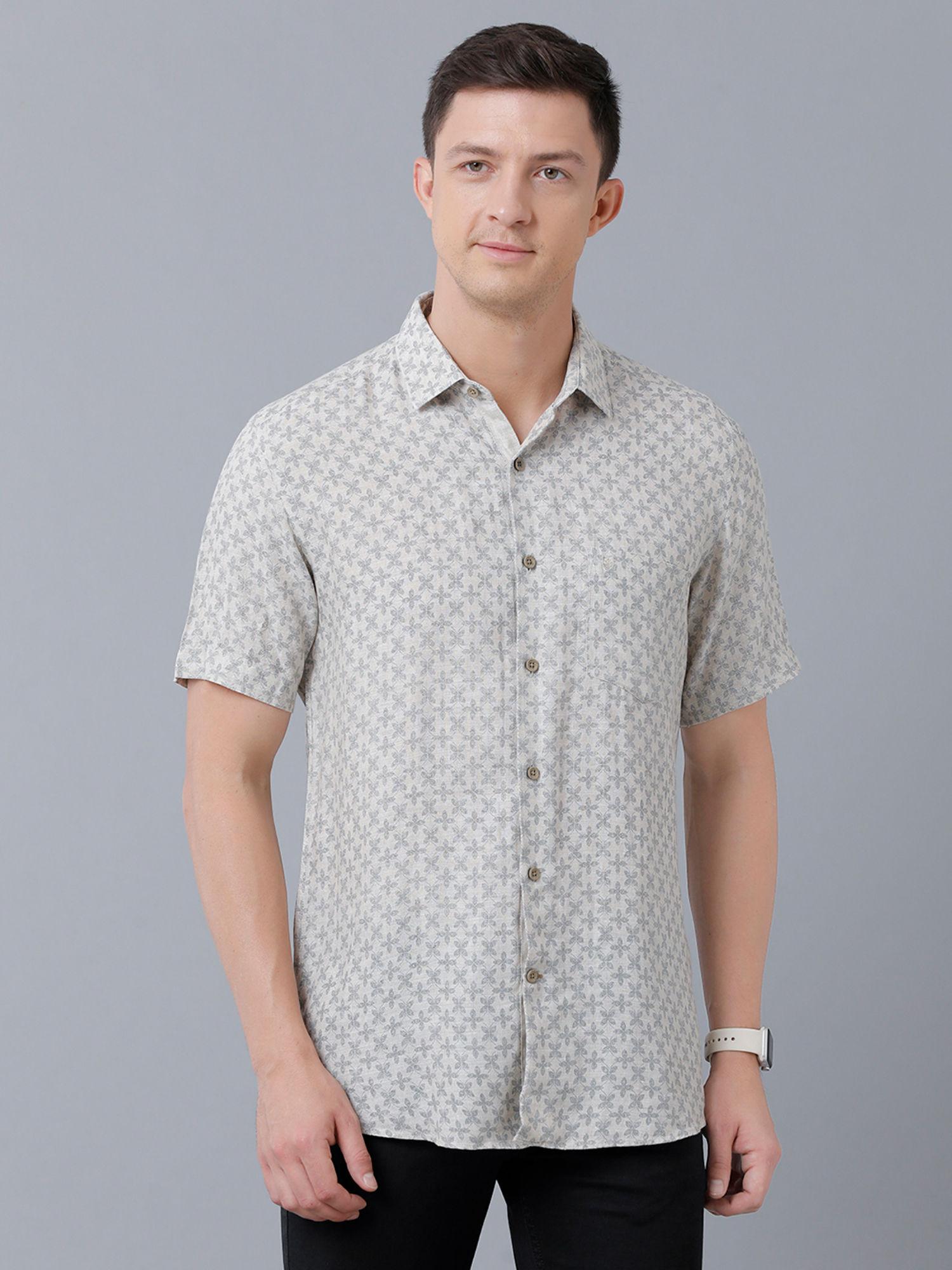 men's pure linen natural / brown printed regular fit half sleeve casual shirt