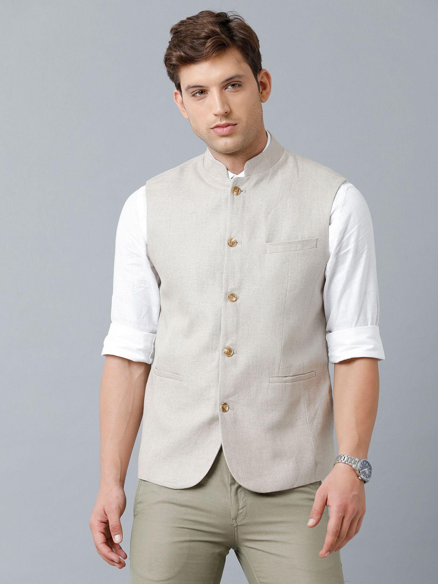 men's pure linen natural / brown solid nehru jacket