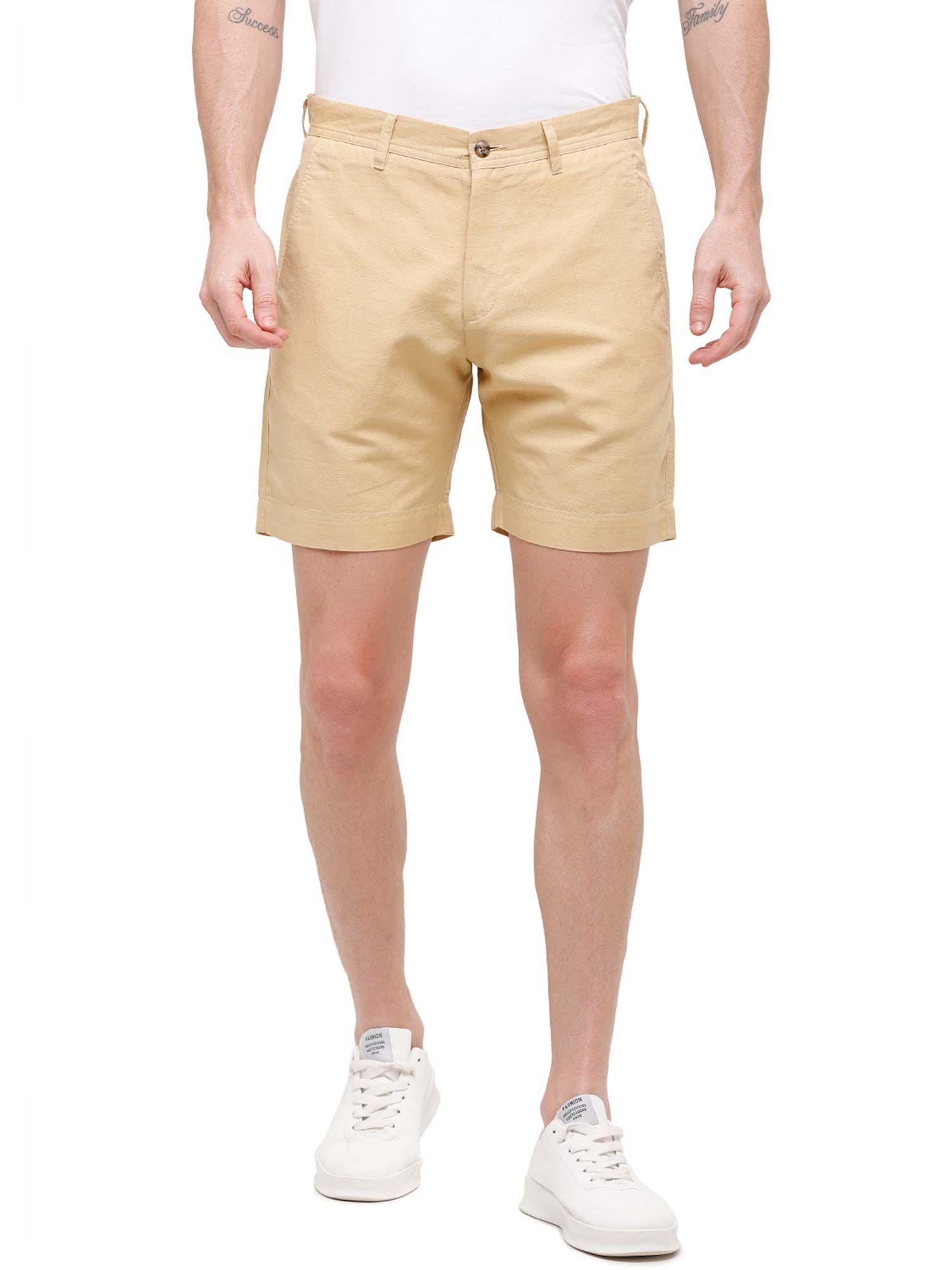 men's pure linen natural / brown solid slim fit casual shorts
