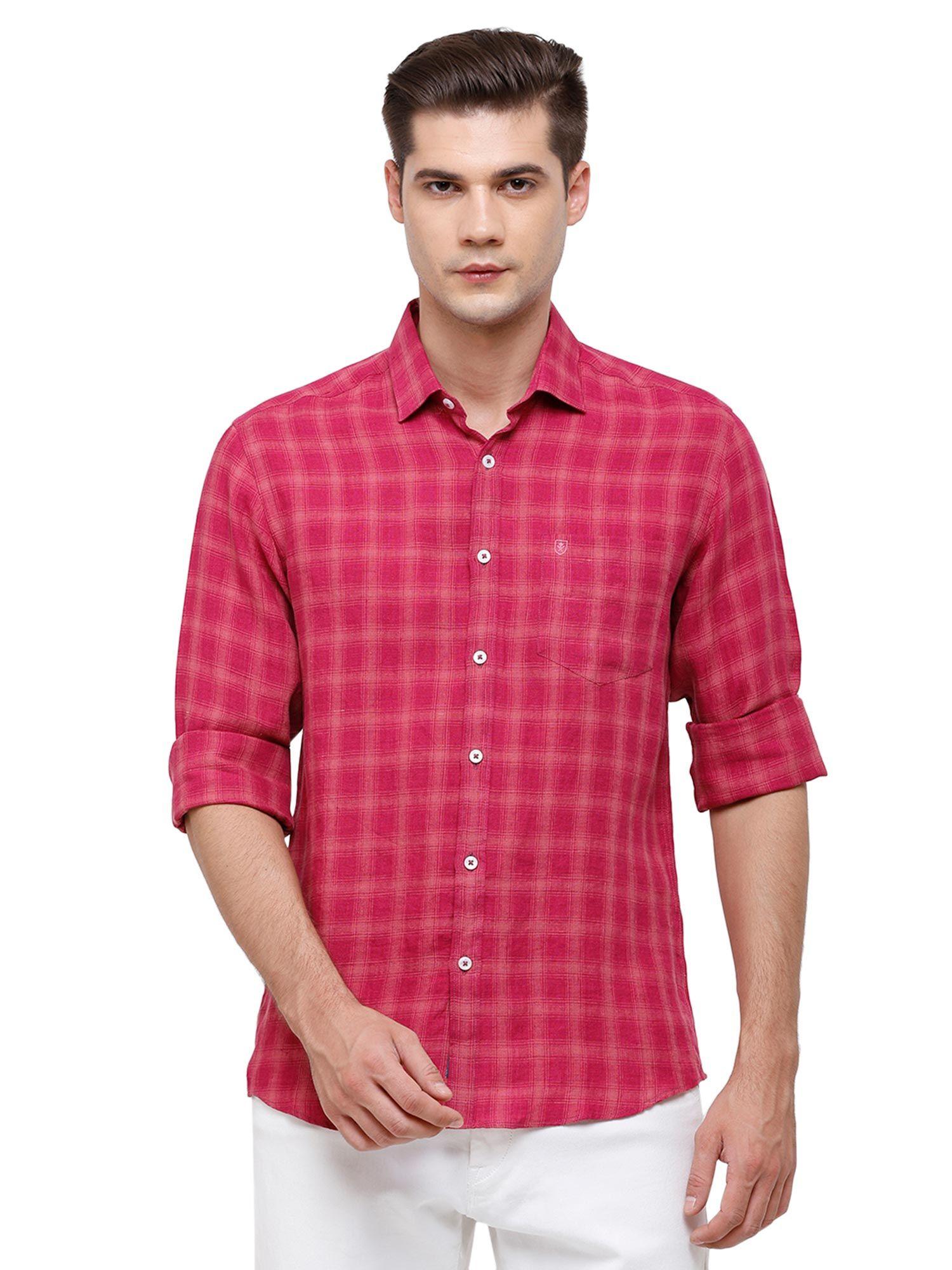 men's pure linen pink checks regular fit half sleeve casual shirt
