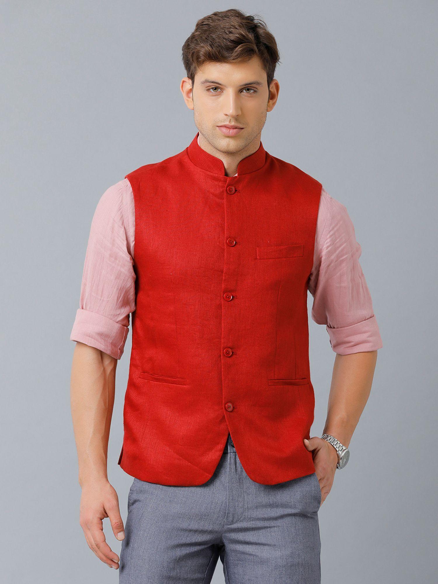 men's pure linen red solid nehru jacket