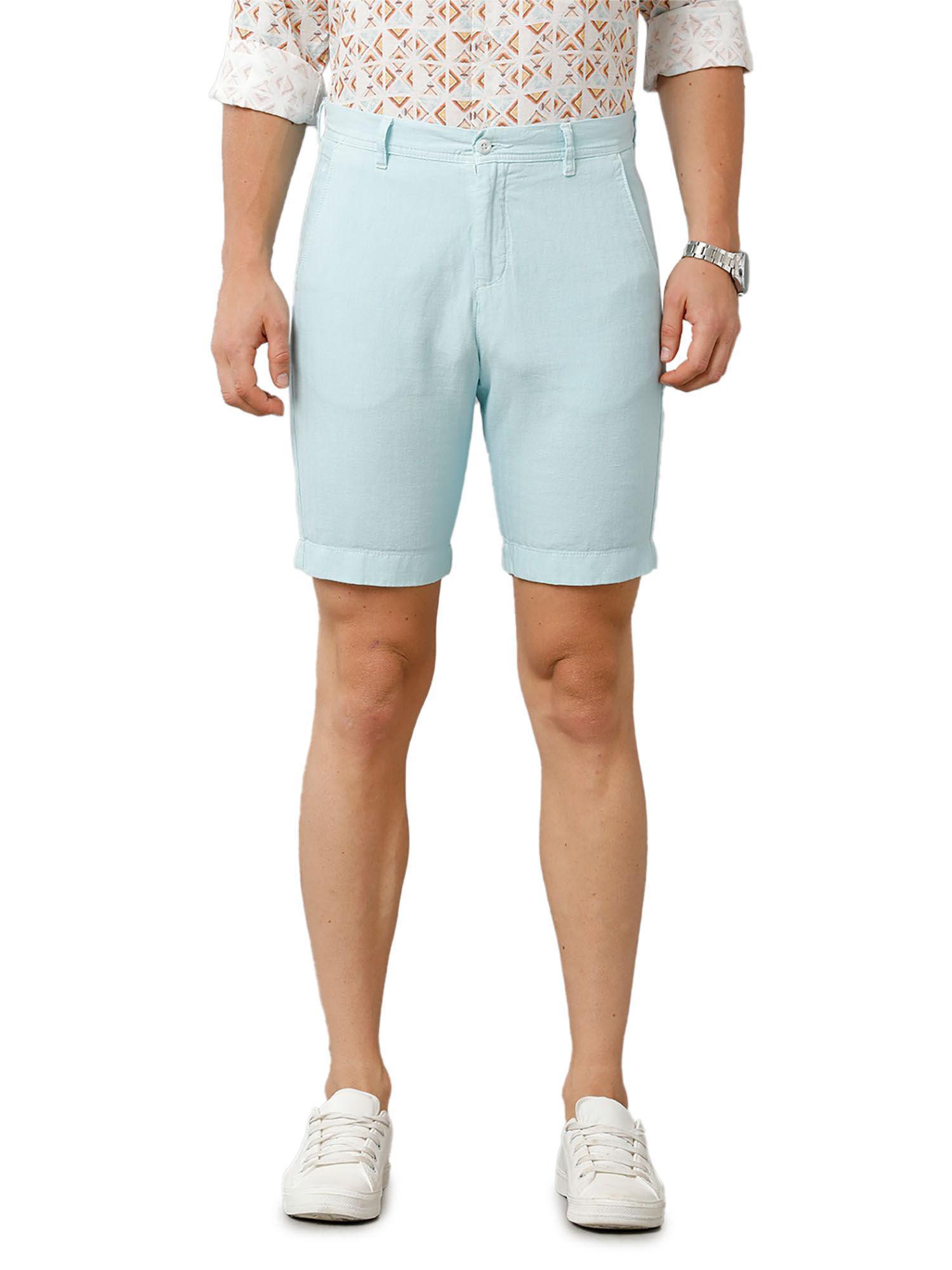men's pure linen turquoise blue solid slim fit casual shorts